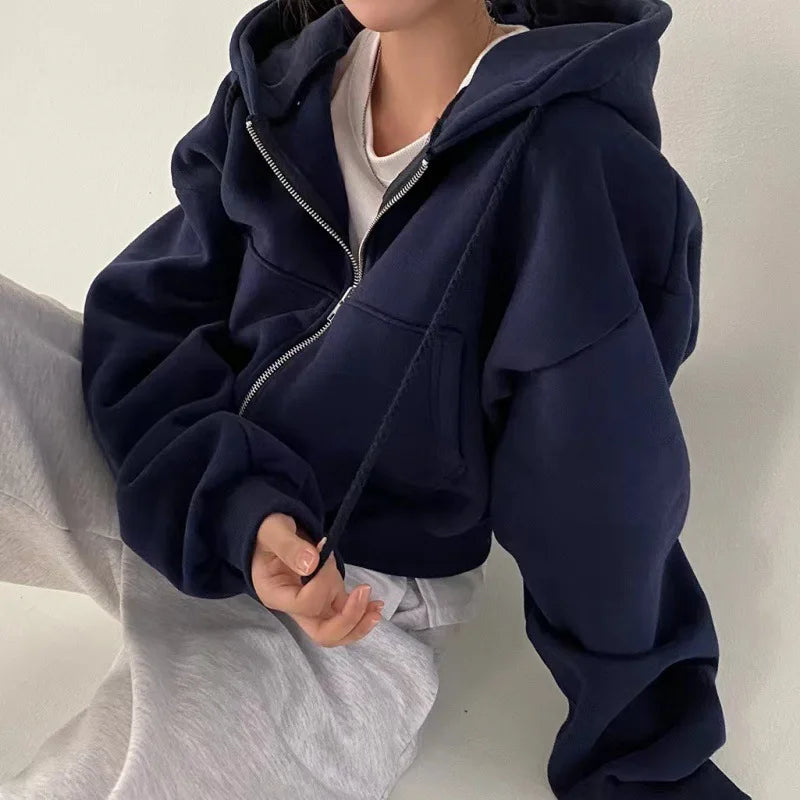 Women's Navy Blue Cropped Zip-up Hoodie - Fleece-Lined, Slim Fit, Warm Spring/Autumn Streetwear