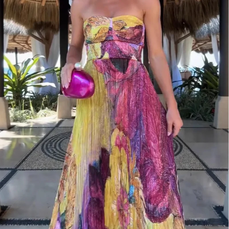 Elegant Printed Long Party Dress Women Strapless Sleeveless Backless Slim Sling Pleated Dresses 2025 Summer Lady Party Robes New