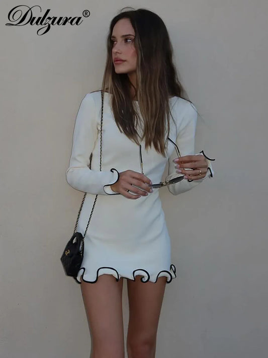 Sexy Ruffled Bodycon Mini Dress - Long Sleeve, O-Neck, Patchwork Streetwear for Autumn/Winter