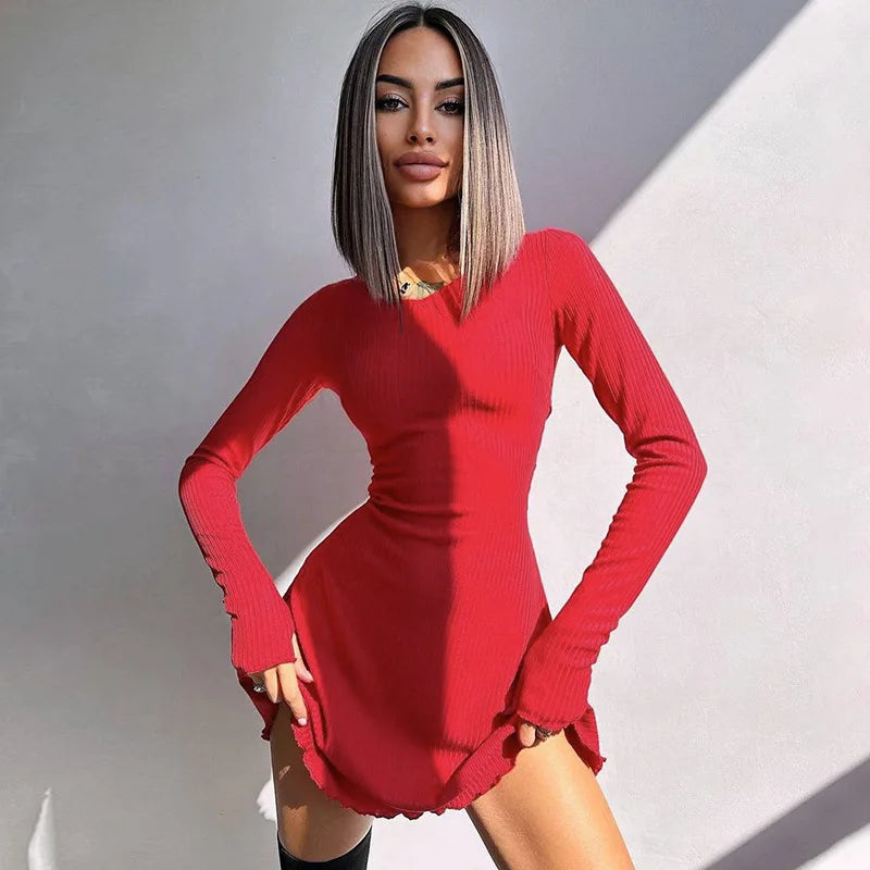 Knitted Bodycon Mini Dress for Women - Long Sleeve, Streetwear Style for Spring & Autumn