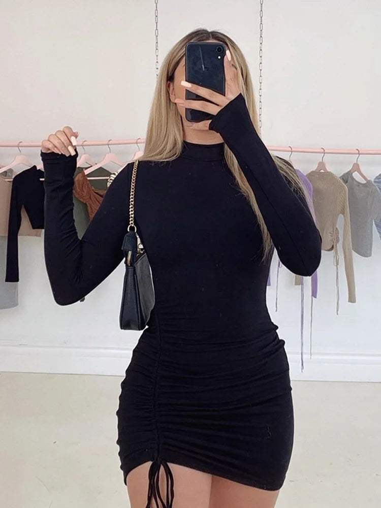 Black Ruched Bodycon Mini Dress for Women - Turtleneck, Long Sleeve, Stretchy Bandage Style