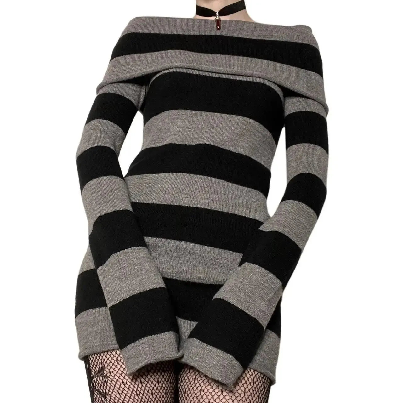 Striped Bodycon Mini Dress for Women - Off Shoulder, Long Sleeve, Wrapped Hip, Versatile
