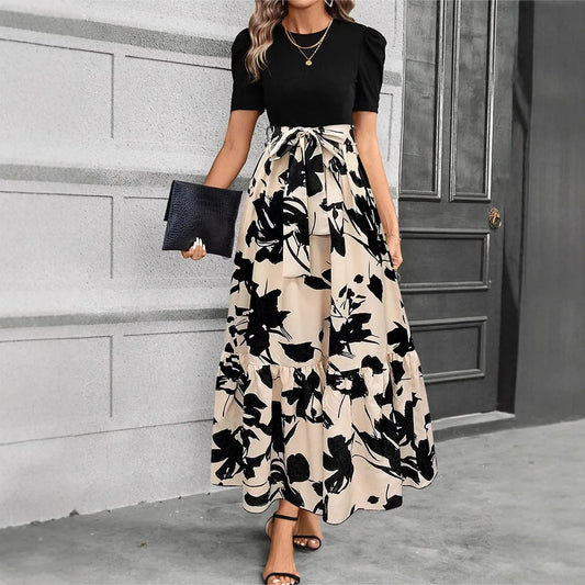 Women’s Floral Print Maxi Dress – Elegant Short Sleeve Party Outfit