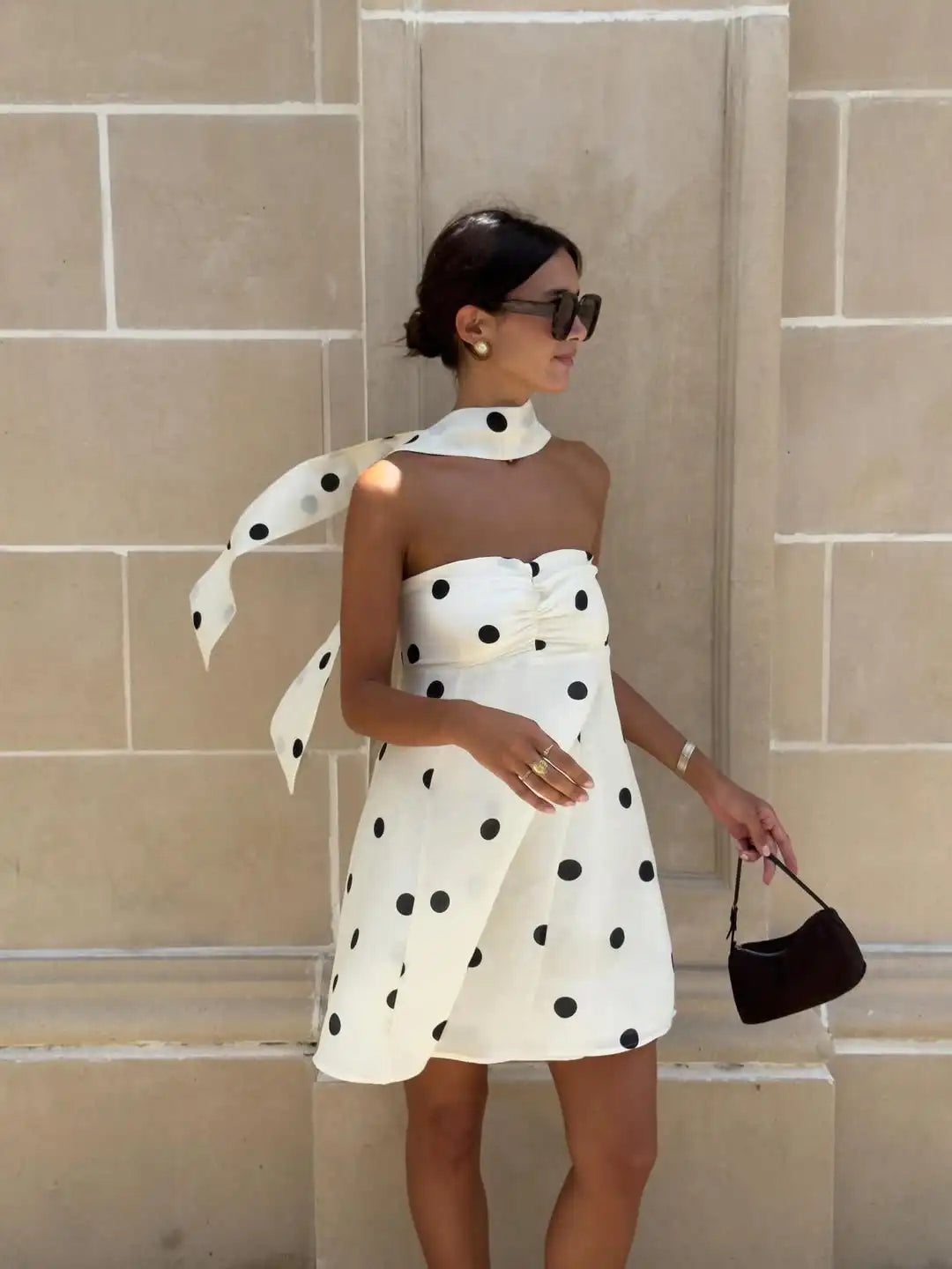 Ticketsx Polka Dot Dress Women's Sexy Scarf One Shoulder Backless Pleated Strapless Mini Dress Female Summer Luxury Loose Dress