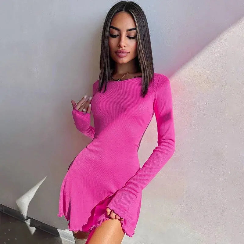 Knitted Bodycon Mini Dress for Women - Long Sleeve, Streetwear Style for Spring & Autumn