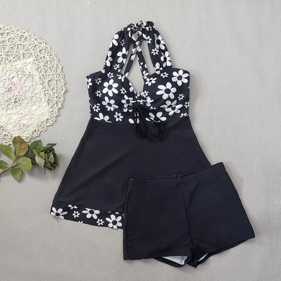Plus Size Tankini Set – Women’s 2-Piece Swimwear Black Print Beachwear