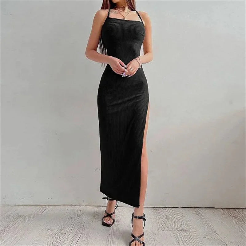 Sexy Black Bodycon Maxi Dress - Halter Neck, Backless, High Split, Summer Party Attire