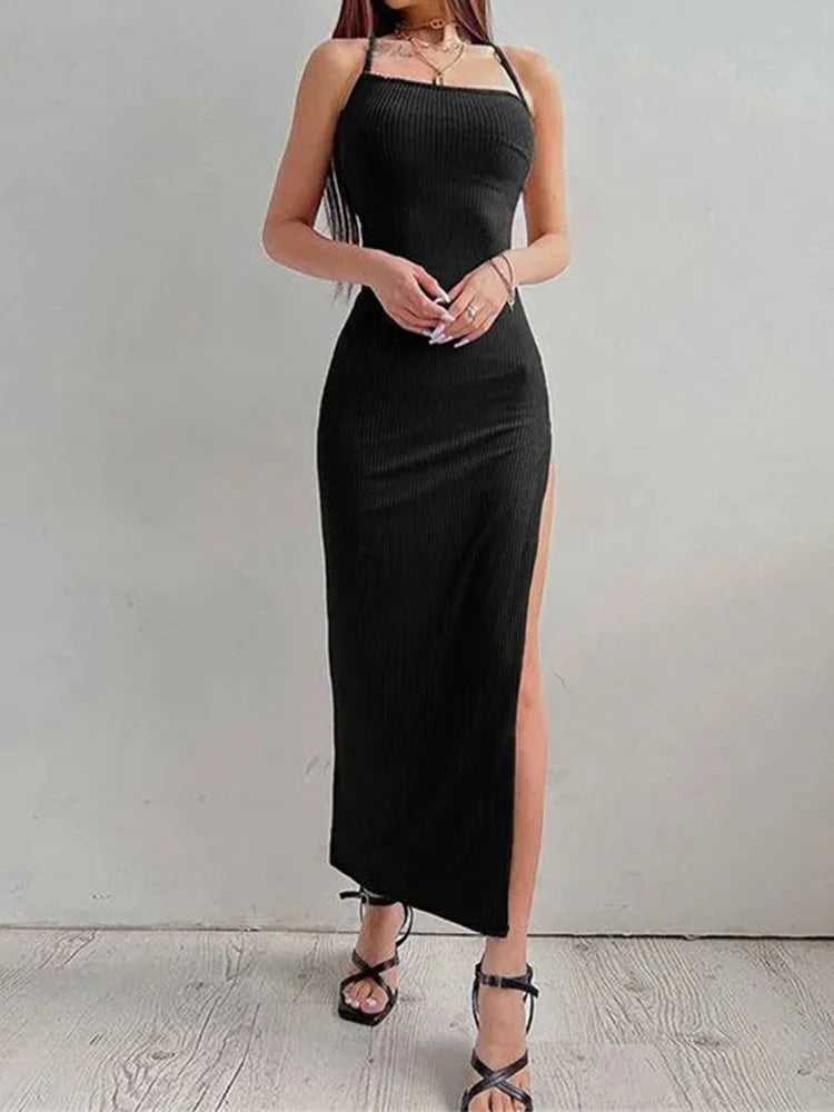 Sexy Black Bodycon Maxi Dress - Halter Neck, Backless, High Split, Summer Party Attire