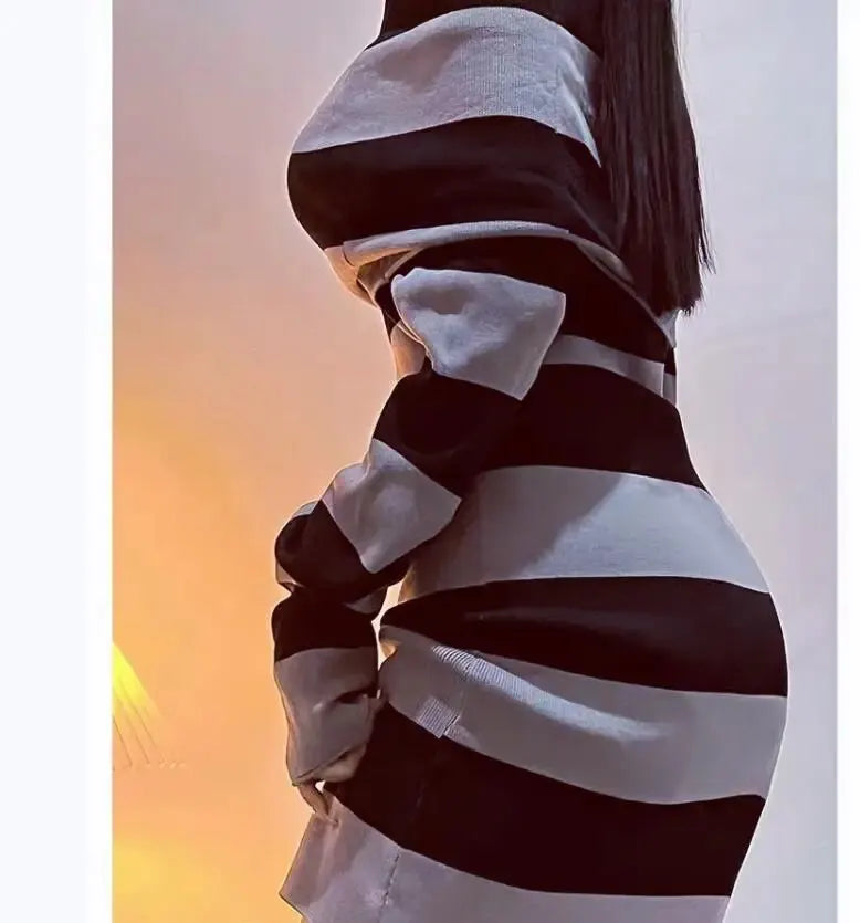 Striped Bodycon Mini Dress for Women - Off Shoulder, Long Sleeve, Wrapped Hip, Versatile