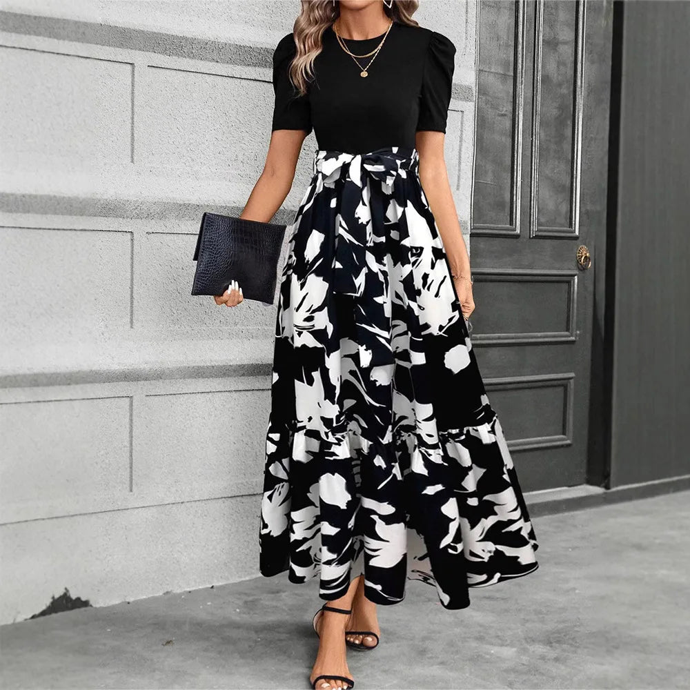 Women’s Floral Print Maxi Dress – Elegant Short Sleeve Party Outfit