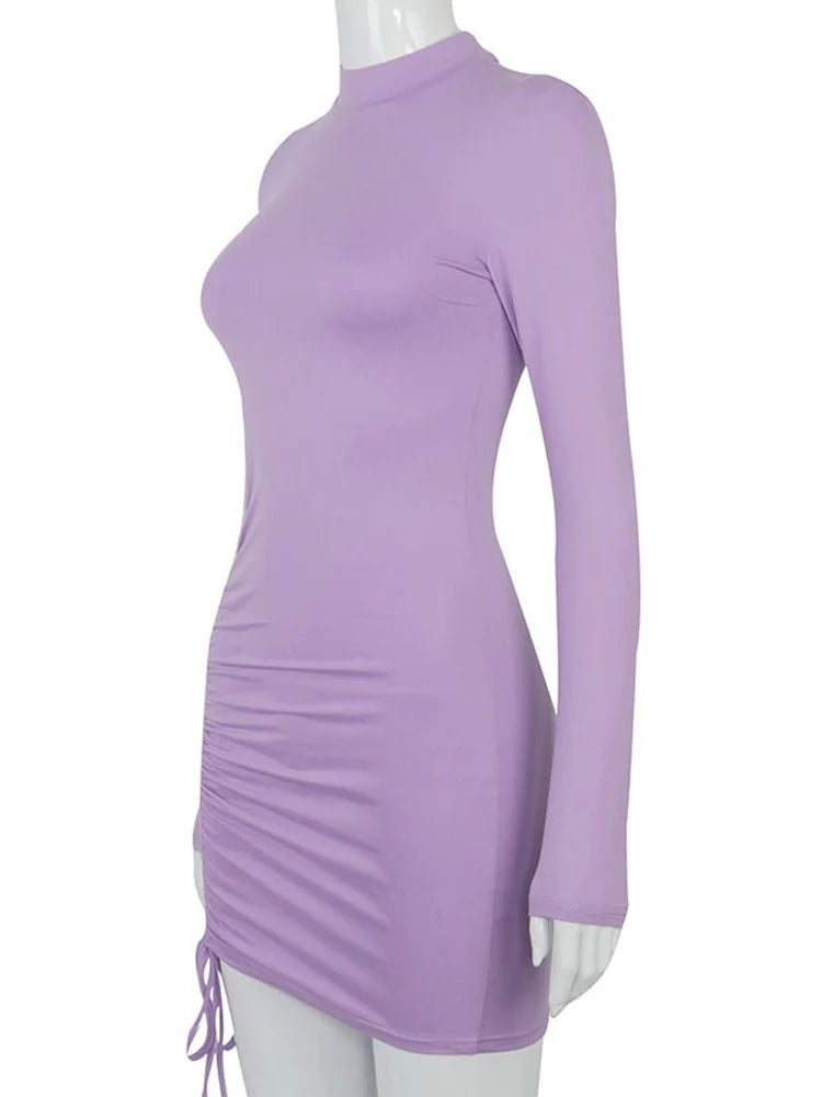 Black Ruched Bodycon Mini Dress for Women - Turtleneck, Long Sleeve, Stretchy Bandage Style