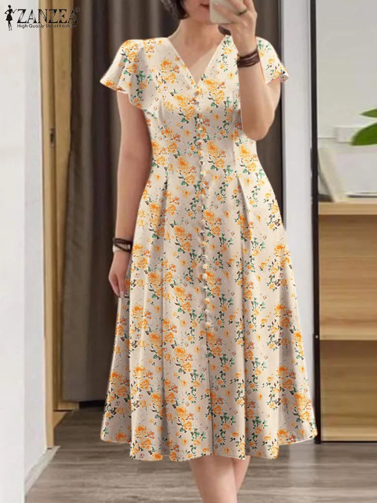 ZANZEA Elegant Summer Floral Printed Sundress Bohemian Women V Neck Short Sleeve Dress Casual Holiday Party Midi Vestido Kaftan