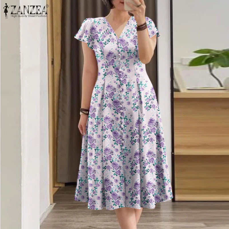 ZANZEA Elegant Summer Floral Printed Sundress Bohemian Women V Neck Short Sleeve Dress Casual Holiday Party Midi Vestido Kaftan