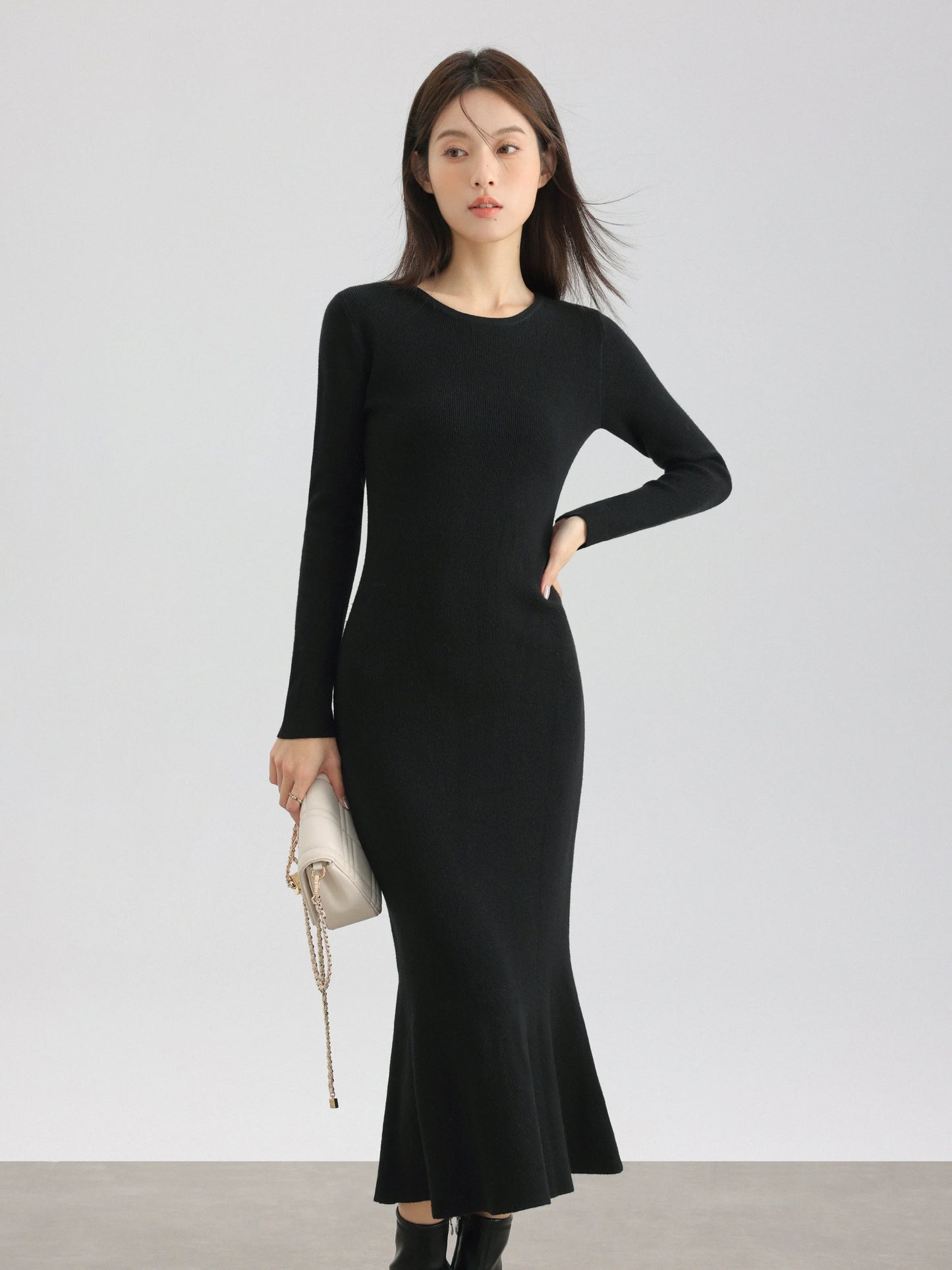 Elegant Black Long Sleeve Dress Winter Round Neck Bodycon Dress Waist Slimming Mermaid Maxi Dress for Women Casual Office Outfit