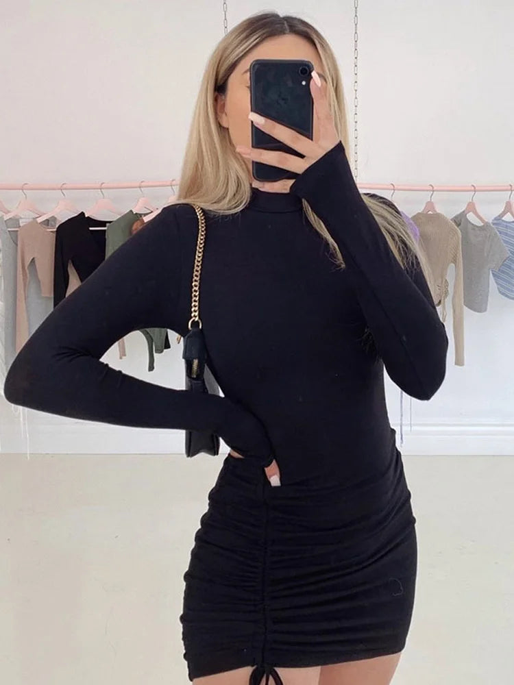 Black Ruched Bodycon Mini Dress for Women - Turtleneck, Long Sleeve, Stretchy Bandage Style