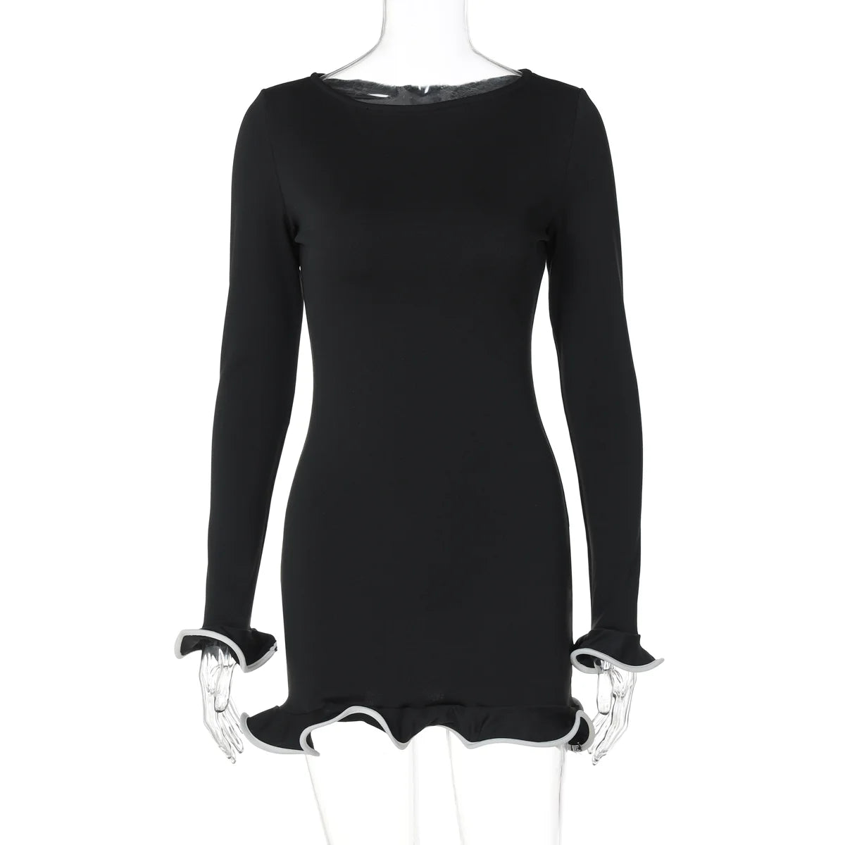 Sexy Ruffled Bodycon Mini Dress - Long Sleeve, O-Neck, Patchwork Streetwear for Autumn/Winter