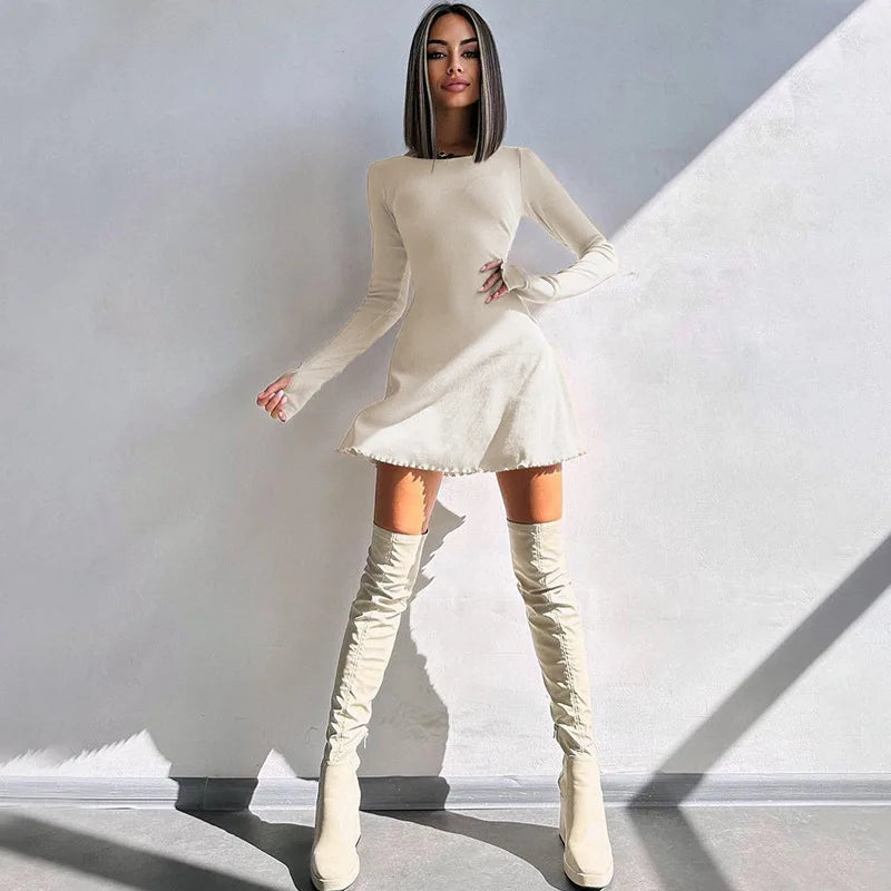Knitted Bodycon Mini Dress for Women - Long Sleeve, Streetwear Style for Spring & Autumn