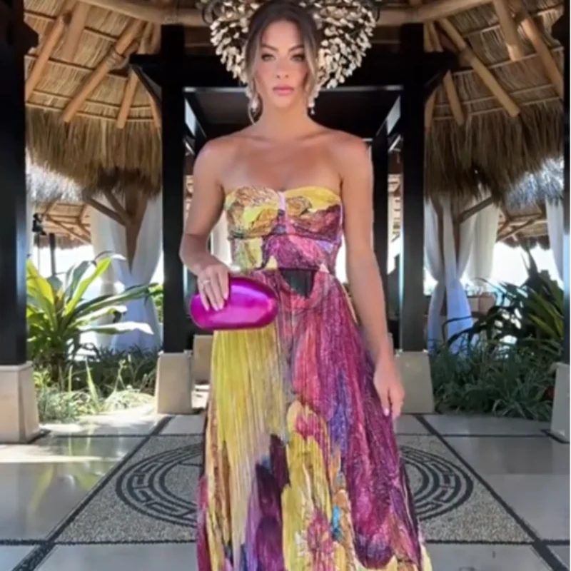 Elegant Printed Long Party Dress Women Strapless Sleeveless Backless Slim Sling Pleated Dresses 2025 Summer Lady Party Robes New