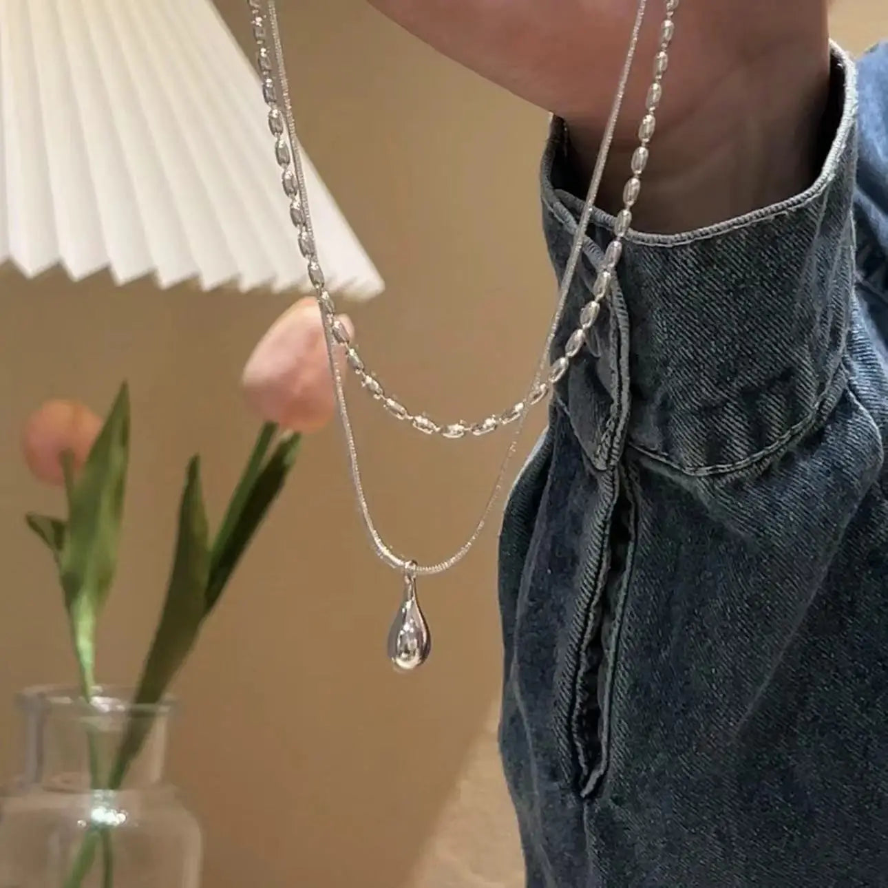 2025 Silver Simple Design Drop Pendant Necklace for Women Double Collar Chain Fashion Fine Jewelry Gifts Long Layered Necklace