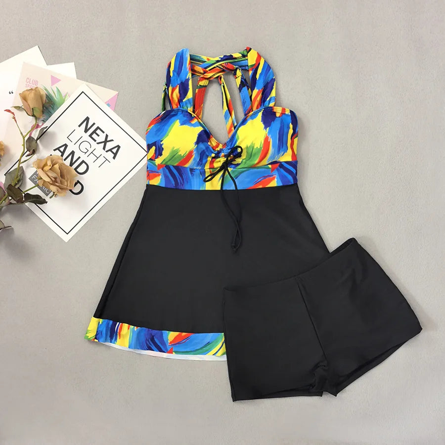 Plus Size Tankini Set – Women’s 2-Piece Swimwear Black Print Beachwear