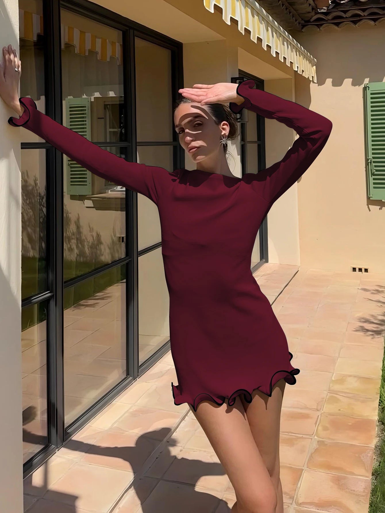 Sexy Ruffled Bodycon Mini Dress - Long Sleeve, O-Neck, Patchwork Streetwear for Autumn/Winter