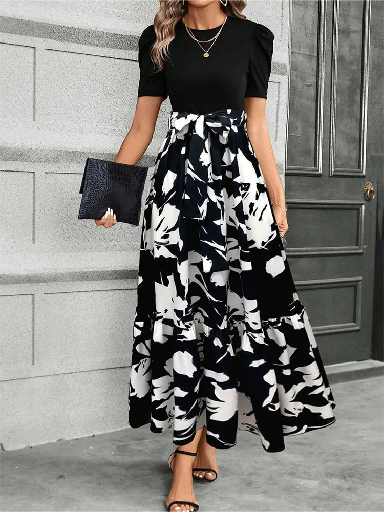 Women’s Floral Print Maxi Dress – Elegant Short Sleeve Party Outfit