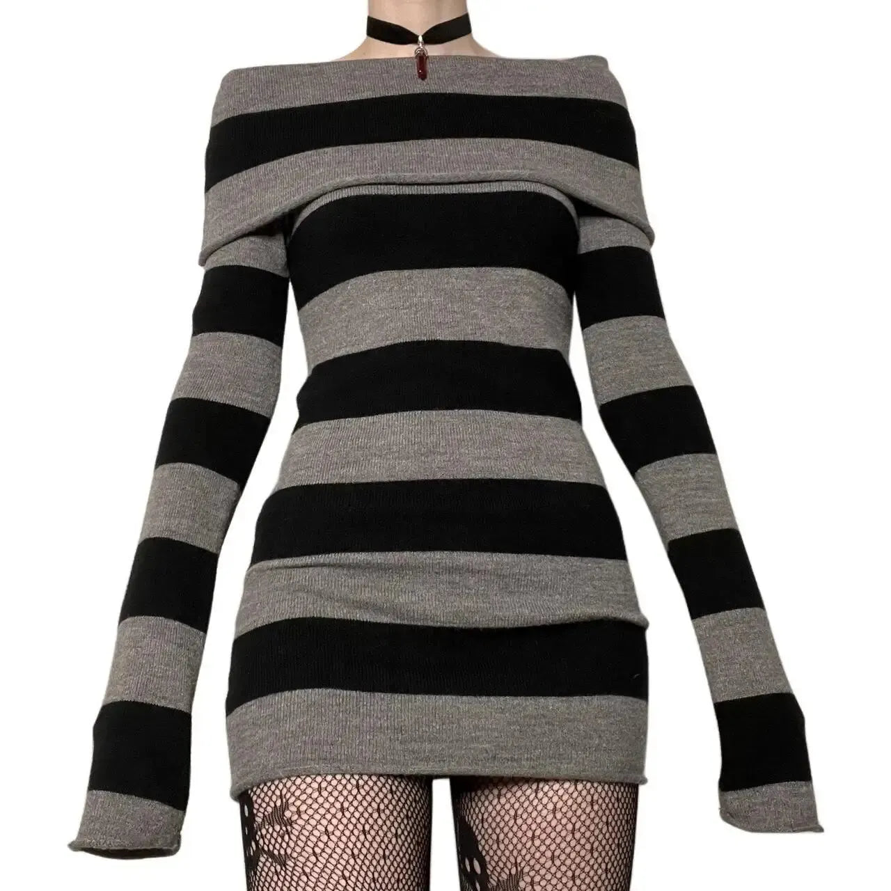 Striped Bodycon Mini Dress for Women - Off Shoulder, Long Sleeve, Wrapped Hip, Versatile