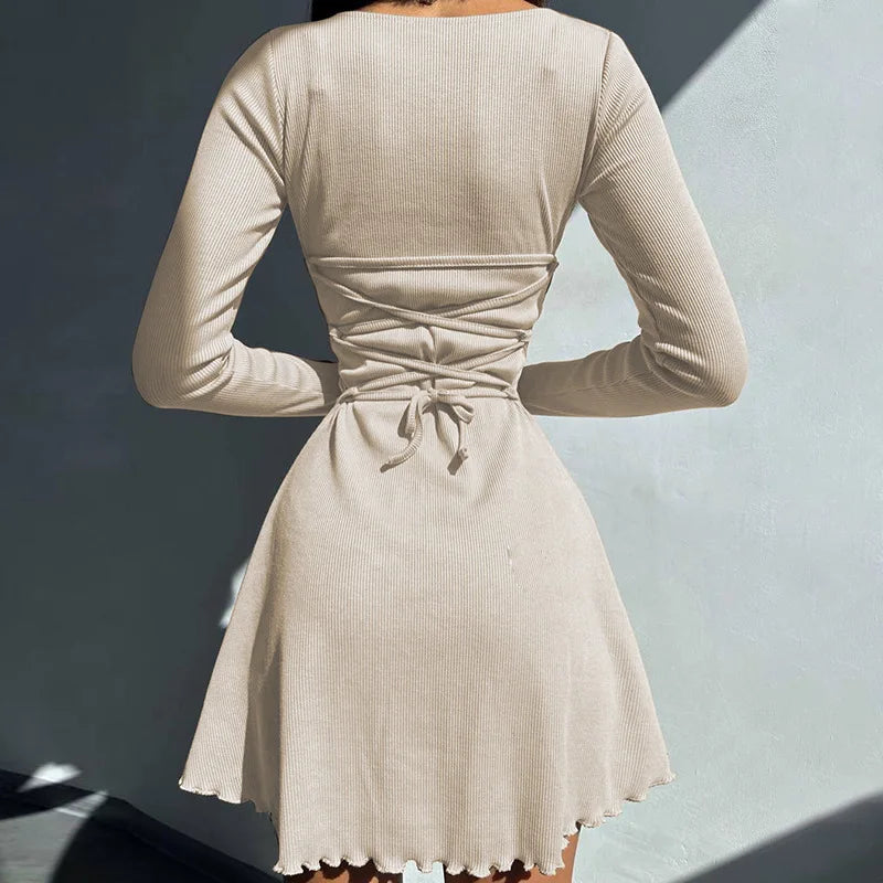 Knitted Bodycon Mini Dress for Women - Long Sleeve, Streetwear Style for Spring & Autumn
