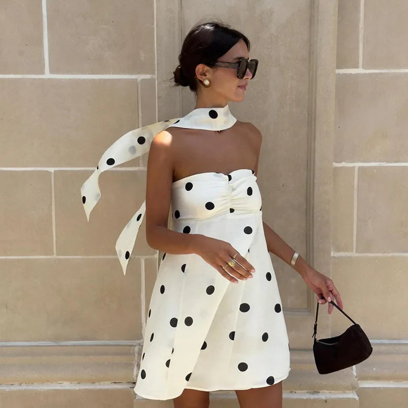 Ticketsx Polka Dot Dress Women's Sexy Scarf One Shoulder Backless Pleated Strapless Mini Dress Female Summer Luxury Loose Dress