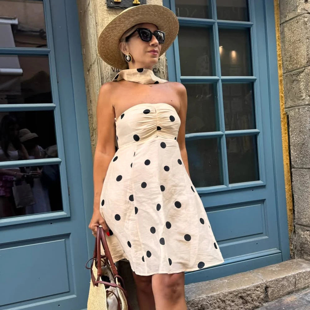Ticketsx Polka Dot Dress Women's Sexy Scarf One Shoulder Backless Pleated Strapless Mini Dress Female Summer Luxury Loose Dress