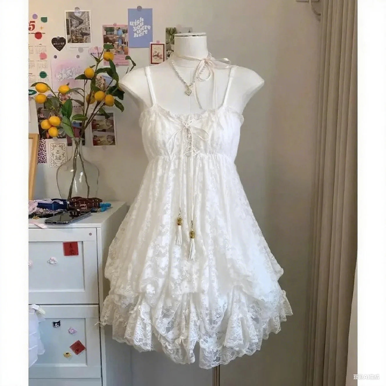 Woman Sweet Kawaii Y2k Min Dress Lolita Cute Sleeveless Floral Dress Spicy Girls Lace Up Ruffle Slim Fit Dresses Design Chic