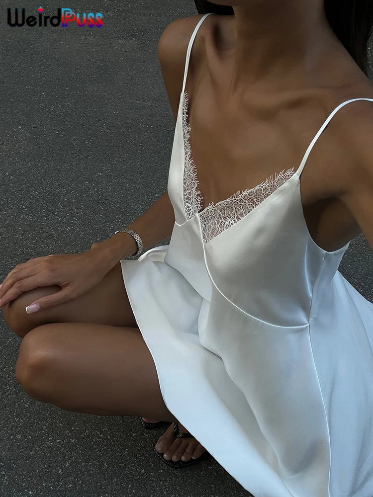 Weird Puss Y2K W-Neck Dress Women Summer Trend Sleeveless Backless Mesh Silk Patchwork elegant Birthday Party Prom Loose Bodycon