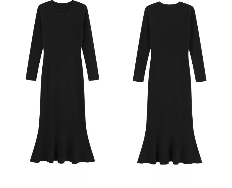Elegant Black Long Sleeve Dress Winter Round Neck Bodycon Dress Waist Slimming Mermaid Maxi Dress for Women Casual Office Outfit