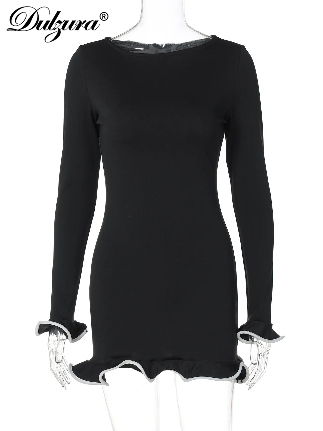 Sexy Ruffled Bodycon Mini Dress - Long Sleeve, O-Neck, Patchwork Streetwear for Autumn/Winter