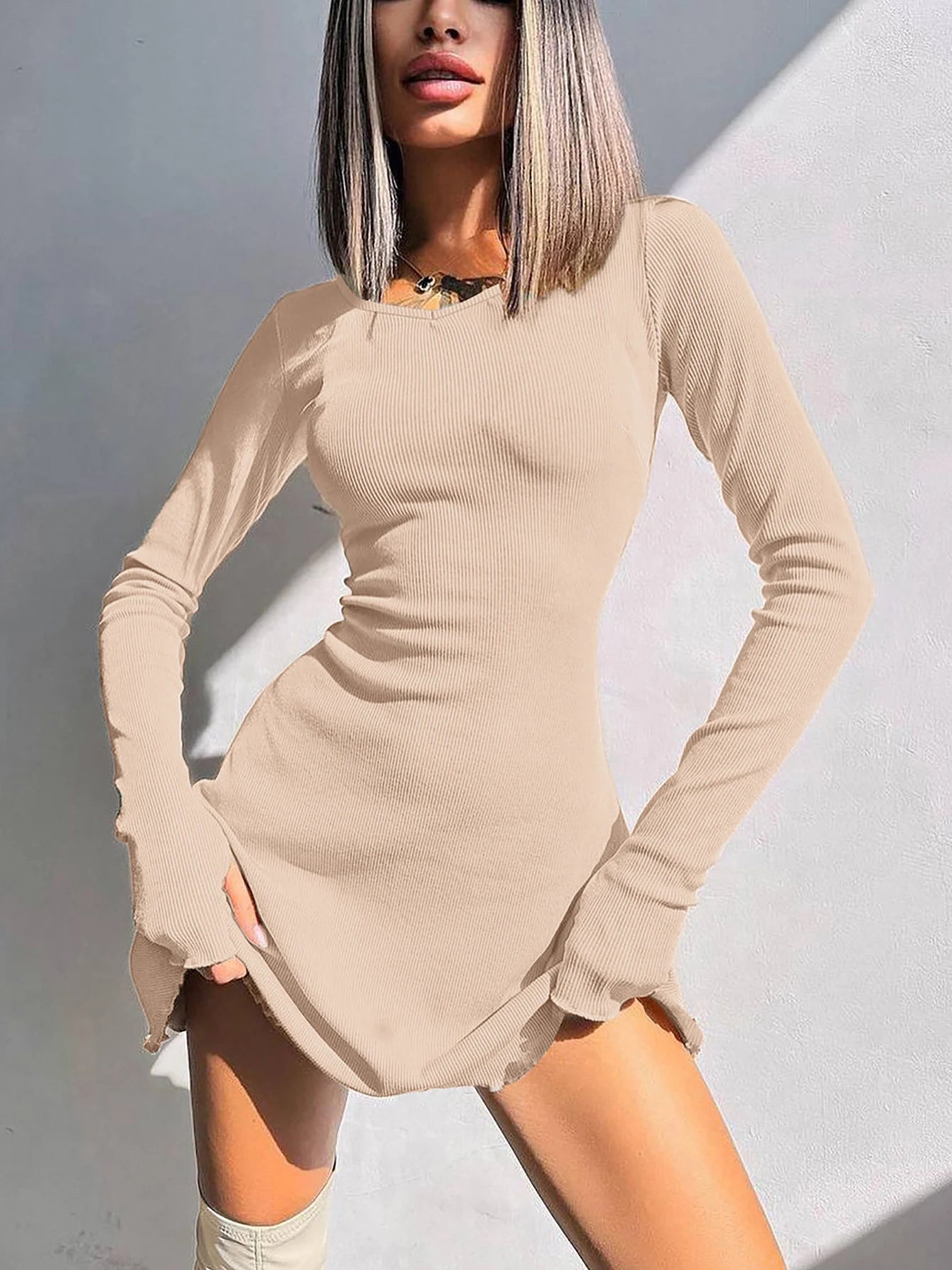 Knitted Bodycon Mini Dress for Women - Long Sleeve, Streetwear Style for Spring & Autumn