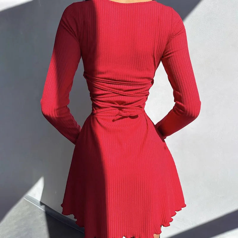 Knitted Bodycon Mini Dress for Women - Long Sleeve, Streetwear Style for Spring & Autumn