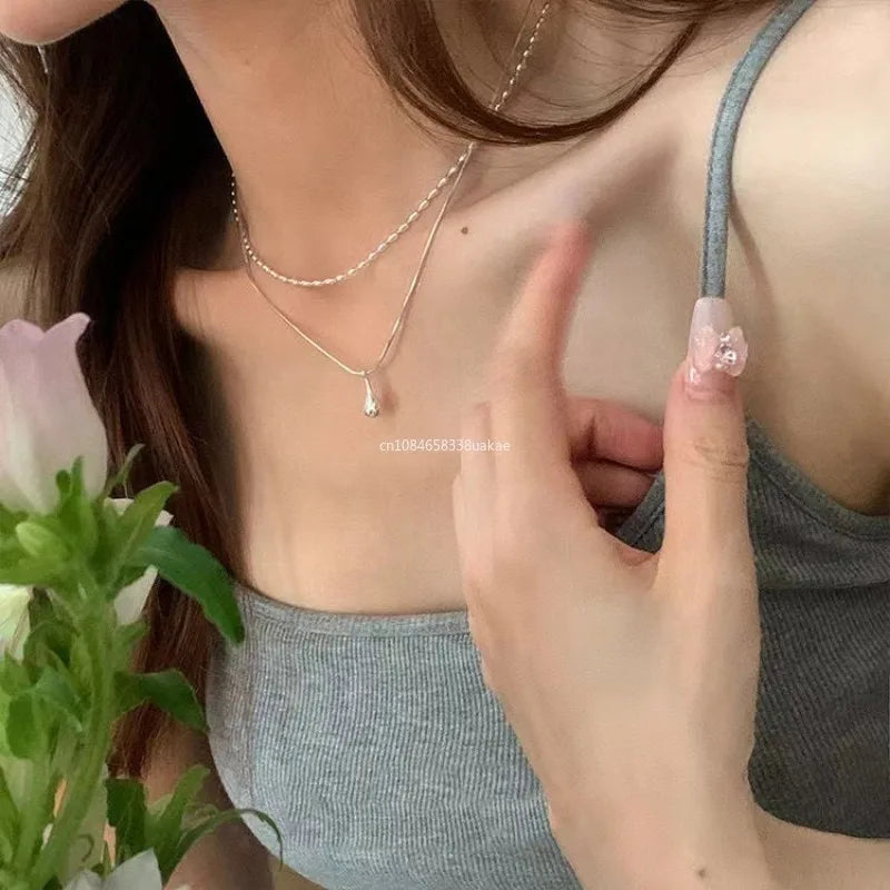 2025 Silver Simple Design Drop Pendant Necklace for Women Double Collar Chain Fashion Fine Jewelry Gifts Long Layered Necklace
