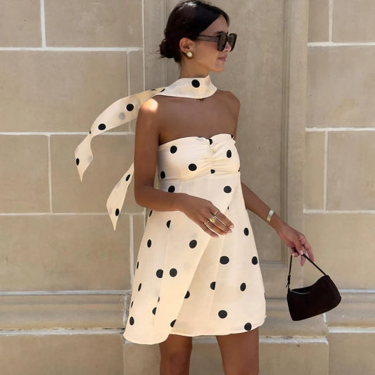 Ticketsx Polka Dot Dress Women's Sexy Scarf One Shoulder Backless Pleated Strapless Mini Dress Female Summer Luxury Loose Dress