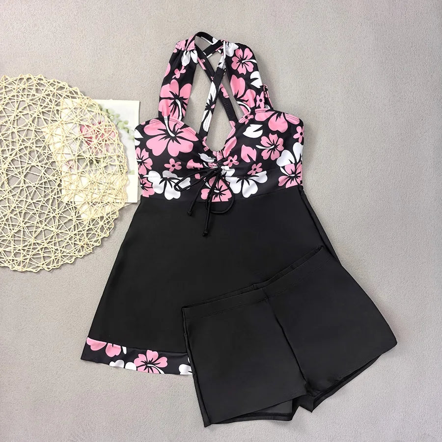 Plus Size Tankini Set – Women’s 2-Piece Swimwear Black Print Beachwear