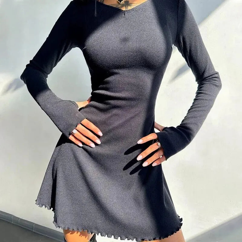 Knitted Bodycon Mini Dress for Women - Long Sleeve, Streetwear Style for Spring & Autumn
