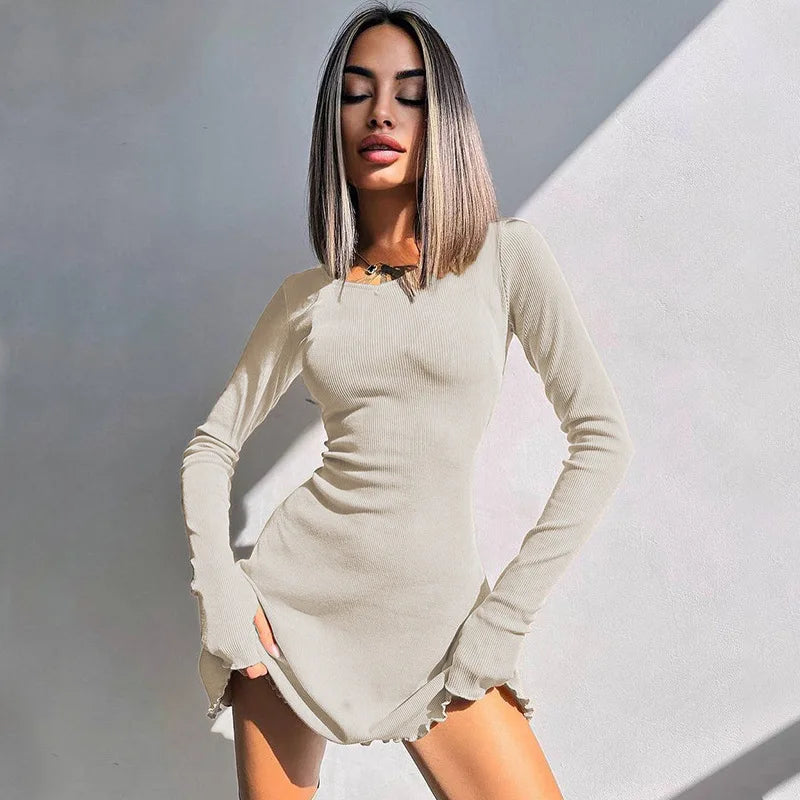 Knitted Bodycon Mini Dress for Women - Long Sleeve, Streetwear Style for Spring & Autumn