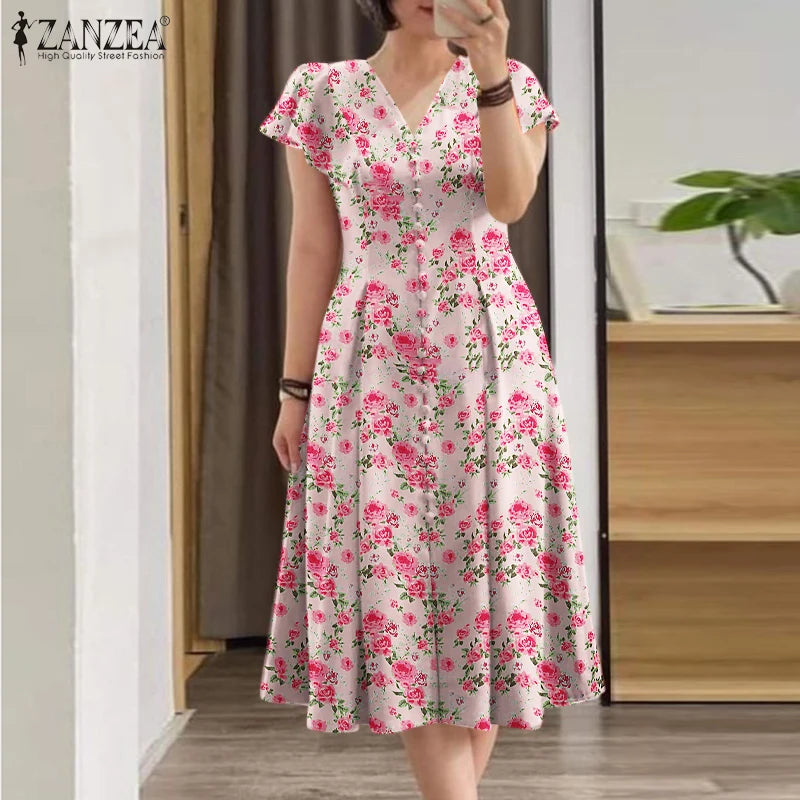 ZANZEA Elegant Summer Floral Printed Sundress Bohemian Women V Neck Short Sleeve Dress Casual Holiday Party Midi Vestido Kaftan
